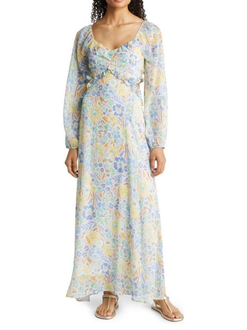 BTFL-Life Floral Cutout Back Long Sleeves Maxi Dress in Light Blue & Yellow, M